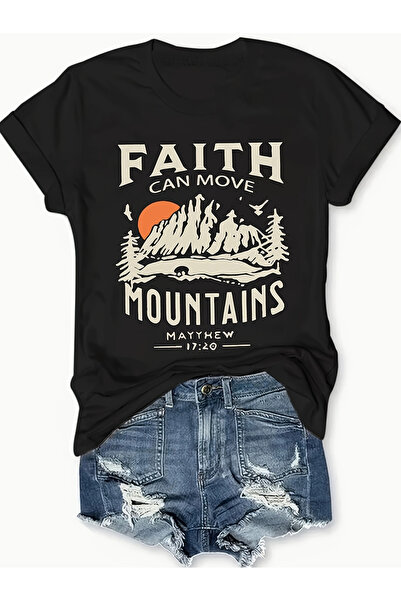 128 Faith Can Move Mountain Print T-Shirt, Casual Crew Neck Short Sleeve Spri...