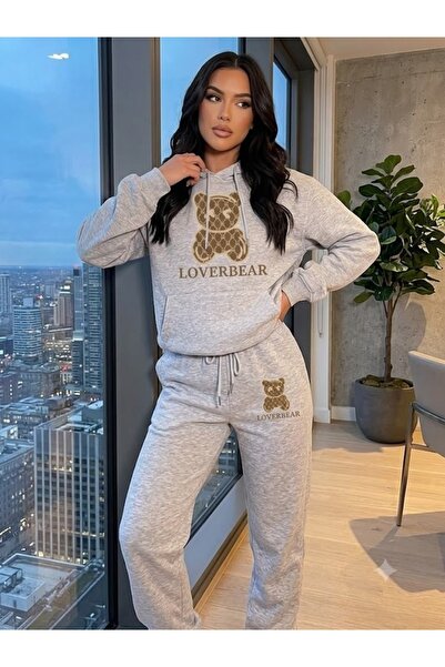 WOODROFFE Unisex Lover Bear Printed Oversize Hooded Tracksuit Set Loose Fit