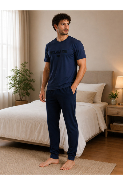 Pijamask Set de pijamale pentru bărbați, albastru marin, cu imprimeu mare, di...