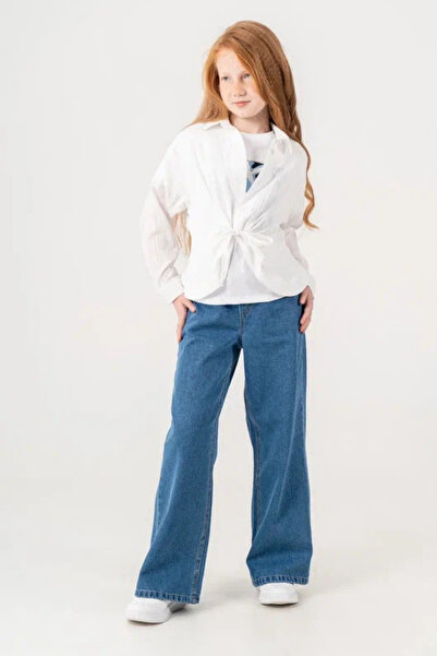 GİYİCEM TEKSTİL Girl's Casual Tie-Up Jean Shirt Pants 3-Piece Combination Set...