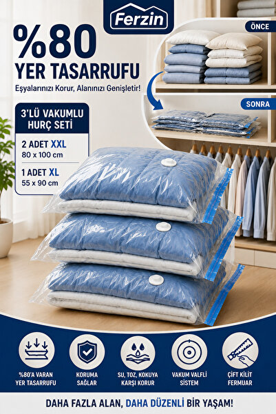Ferzin 3'lü Vakumlu Hurç Seti 2 XXL (80x100 cm) + 1 XL (55x90 cm) Vakum Poşet...