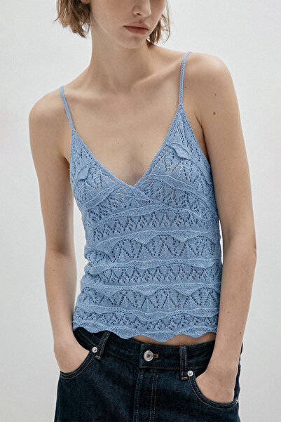 Nisan Sleeved Detailed Tricot Top Blue