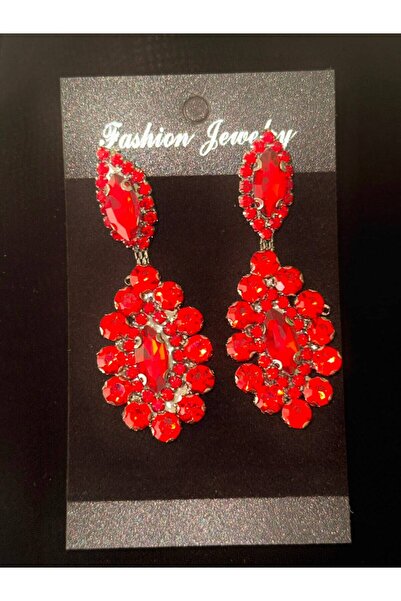 cengiz bujiteri Stylish Evening Earrings with Red Crystal Stone Detail - Brid...