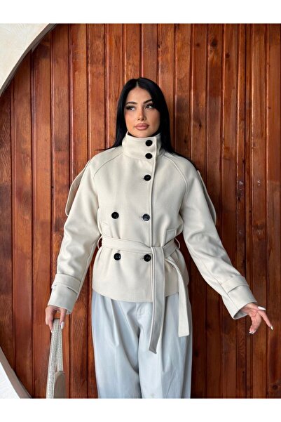 VESS MODA Kadın Kaşe Kısa Trençkot Dik Yakalı Kuşaklı Kısa Kaşe Kaban