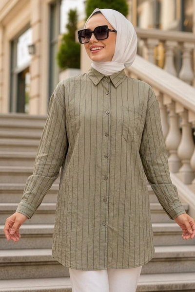 Neva Style Çizgili Bambu Açık Haki Tesettür Gömlek 15587AHK