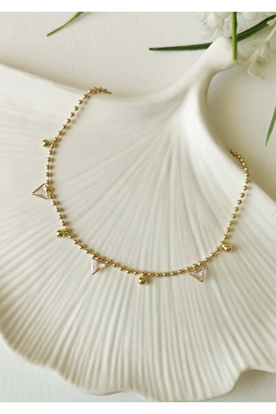 Halley Concept Pink Triangle Stone Detailed Gold Steel Anklet 23+5 cm