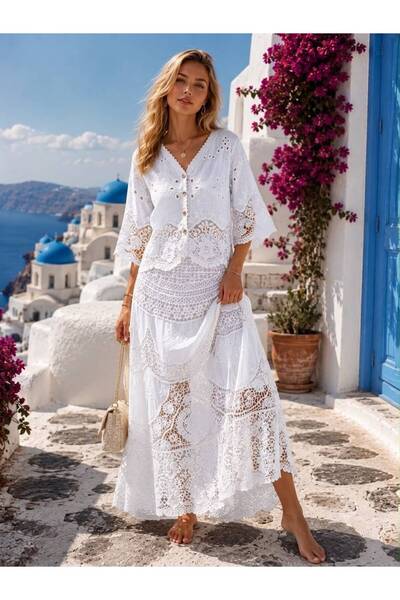 Butik Şenel Set bluză și fustă brodate cu dantelă guipură boemă (compatibil S...
