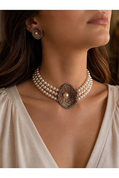 FAYRA ACCESSORIES Zirkon Taşlı Choker İnci Kolye ve İnci Küpe Seti Deniz Kabu...