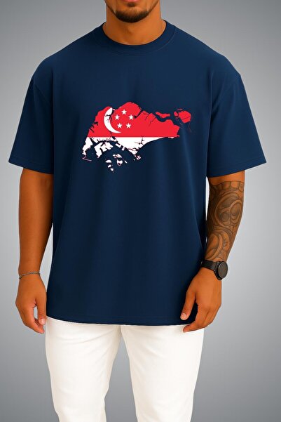 Bahriyeli Collection Oversize Singapore Flag and Map Chest Printed Unisex T-S...