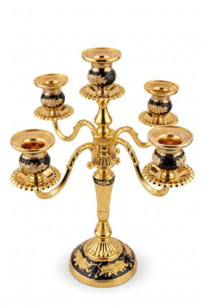 RASHA COLLECTION 5 Kollu Altın Rengi İşlemeli Dekoratif Şamdan 37 cm