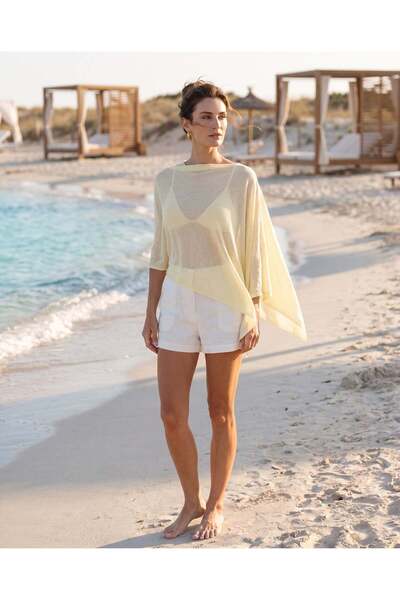 minaaise Women's Asymmetrical Transparent Knitwear Poncho Yellow 31228