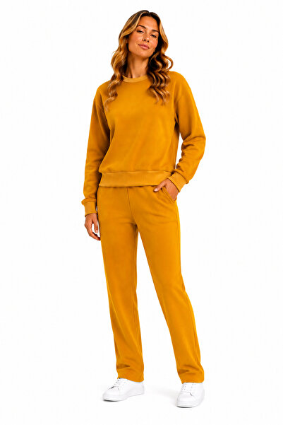 TRENDHİLL Women's Cotton Crew Neck Wide Leg Tracksuit Set Mustard-101