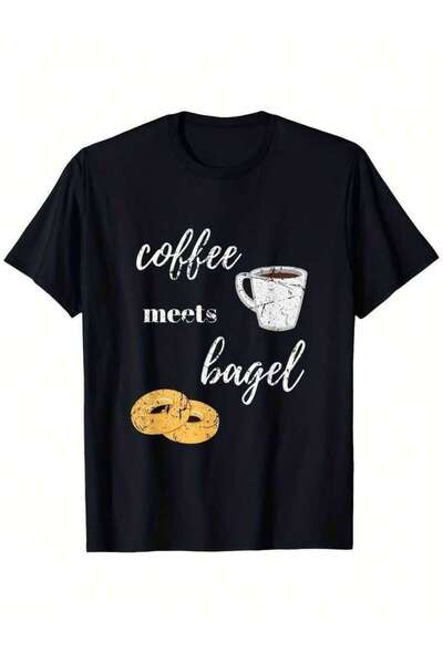 LİNA06 Black Casual Graphic-Shirt Featuring Cup Bagel Design, Daily Wear Coff...