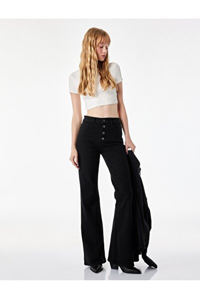 Koton Button Detailed High Waist Spanish Flare Denim Trousers with Pockets - ...