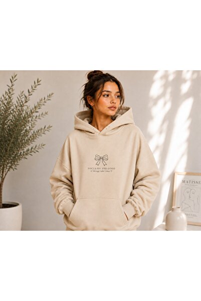 TREND EMMODA Women's Oversize Bow Printed Hooded Sweatshirt