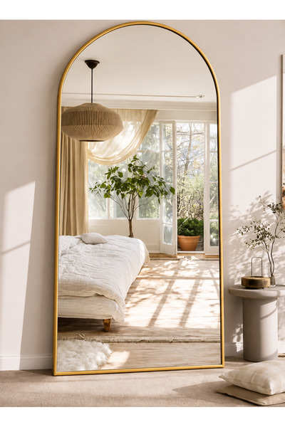 N.zone Modern Arched Floor Mirror with Black Metal Frame, Elegant Design for ...