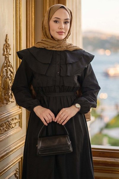hafsamina Collar Detailed Elastic Waist Belted Dress Black Hm2946