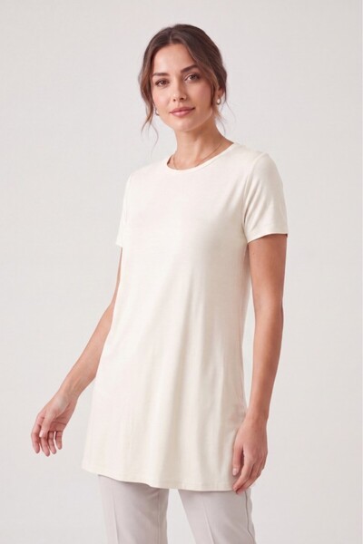 Betimoda Women's Four Seasons Crew Neck Short Sleeve Viscose Short Tunic Ecru