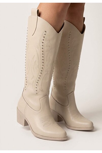 DMR Elegance Meof Beige Leather Heeled Boots