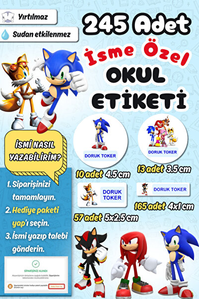 Sticker Ekspres Okul Etiketi Yeni Sonic Kalem Defter Etiketi Özel İsim Yazıla...