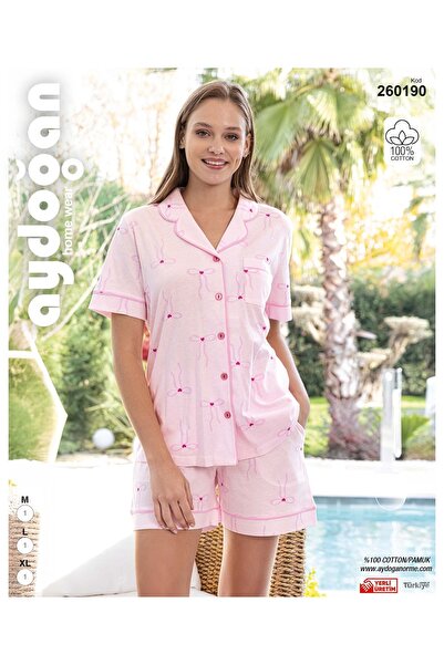 Kadın Önden Düğmeli Kısa Kollu Şortlu %100 Pamuklu Pijama Takımı