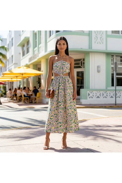 The Drop Rochie Brinda cu decupaje și imprimeu floral roz/galben