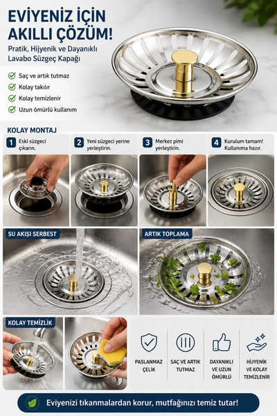 ALL FAST Paslanmaz Çelik Mutfak Evye Süzgeci Lavabo Gider Tıpası ve Atık Tutu...