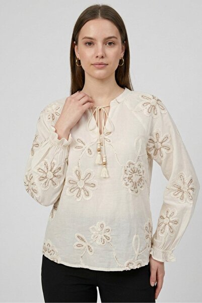 Rufaya Women Tie Neck Long Sleeve Textured Blouse, White