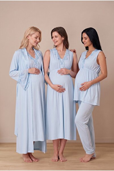 Pelin Women's Blue Flounce Sleeves, Lace and Buttoned Maternity Nightgown Paj...