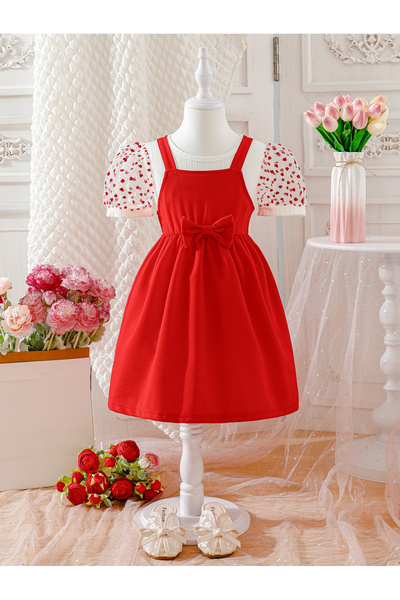 Take Two By Styli Girls Red Strappy Dress with Bow Detail
