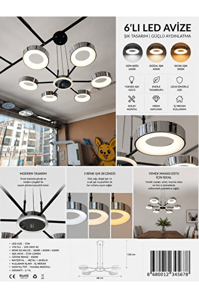 Genel Markalar Modern 6’lı Krom LED Avize – 3 Renk Işıklı, Salon ve Oturma Od...