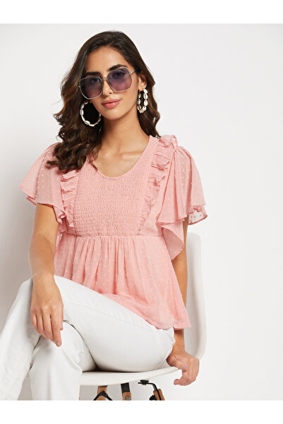 WineRed By Styli Women Smocked Ruffle Sleeve Peplum Top
