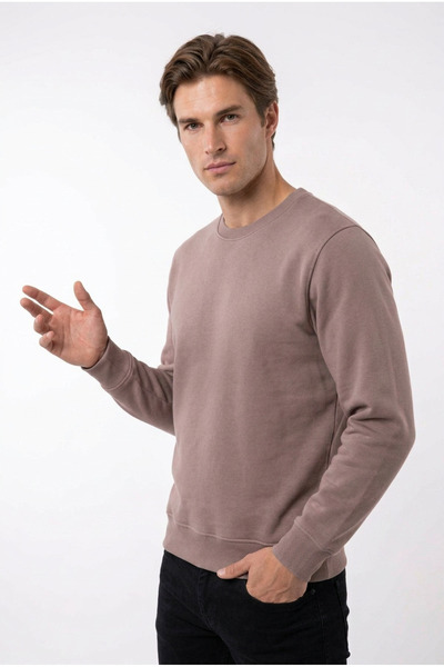 ELAFRO Men's Brown Crew Neck 3-Thread Fleece Sweatshirt