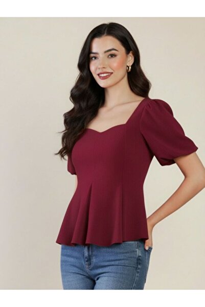 Uptownie By Styli Stretchable Puff Sleeve Peplum Top