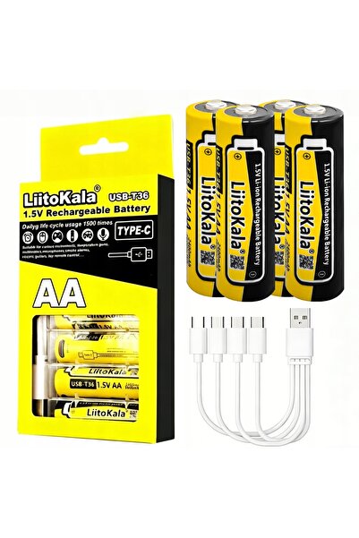 liitokala Pachet de baterii 4 bucăți 2400mAh 3600mWh AA cu cablu USB-C 4 în 1