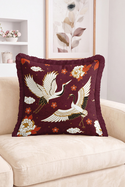 Realhomes Fringed Throw Pillow Cover with Japanese Crane Bird and Floral Clou...