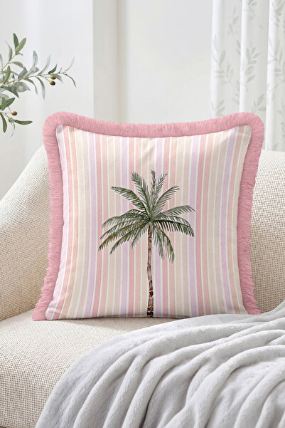 Realhomes Palm Tree Figured Striped Patterned Fringed Throw Pillow Cover - Bo...