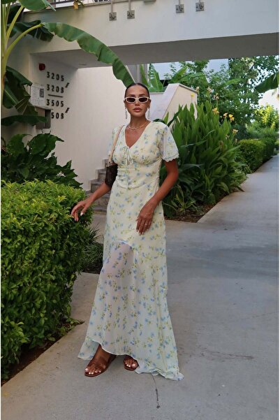 Havoş Yellow Floral Patterned Chiffon Dress with Waist Belt