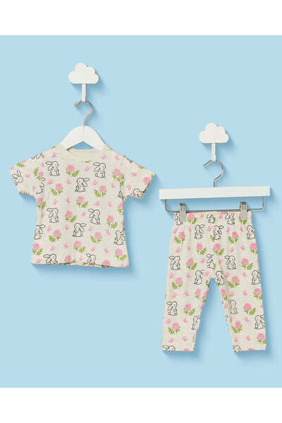 REDTAG Infant Girls White Bunny And Floral Print Pyjama Set