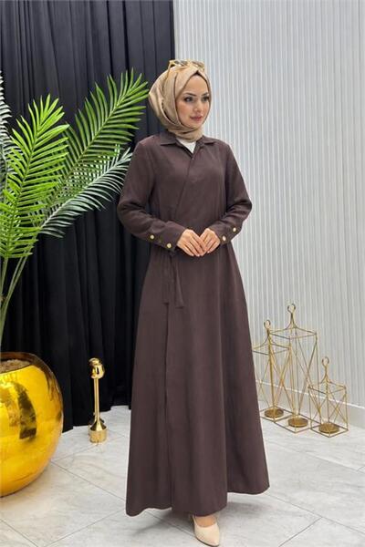 Neşeli Butik Γυναικείο καφέ φόρεμα με κουμπιά και λεπτομέρειες, ενδύματα του ...