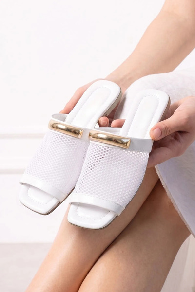 FUGA MODA Lumis White Mesh Stylish Women's Daily Slippers with Gold Accessories