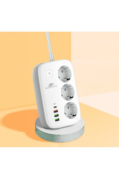 Spacetronik Prelungitor inteligent WiFi Tuya cu 3 prize AC și 4 porturi USB, 2m
