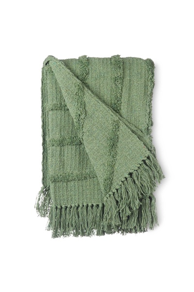 GIFTDECO Pătură decorativă din bumbac pentru canapea, verde, cu franjuri, 135...