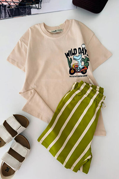 Minigimin Cicileri Wild Day Dino Printed Striped Boys' Shorts Set - Green