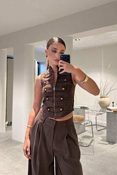 MAGARDE Tweed Vest with Zipper Detail - Brown