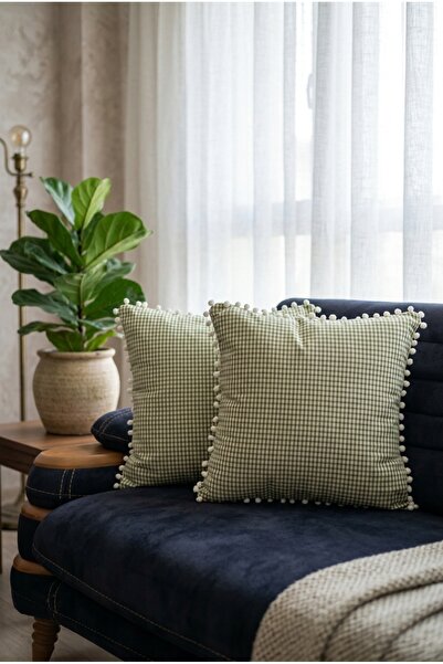 Rayda Home Green Gingham Patterned Pompom Throw Pillow Cover Set of 2 43*43 cm