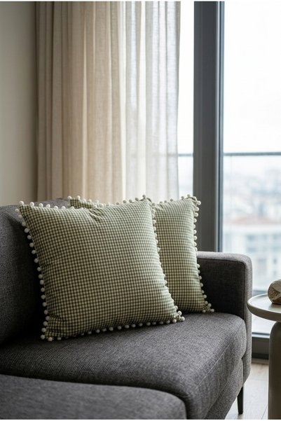Rayda Home Green Gingham Patterned Pompom Throw Pillow Cover Set of 2 43*43 cm