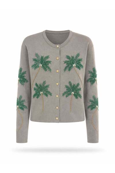5in1Canpolat Gray Palm Beaded Cardigan 150525