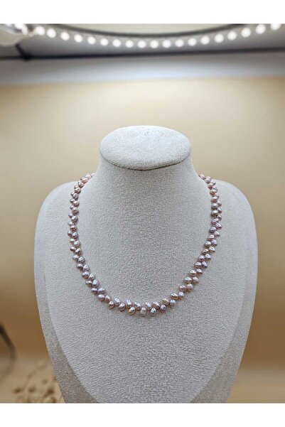 İNCİORA JEWELRY Gerçek Doğal İnci Mor / Somon Başak Dizilim Kolye