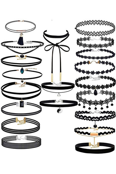 VeeShop Set 20 coliere choker, catifea, dantela, tattoo choker, ying yang, canaf